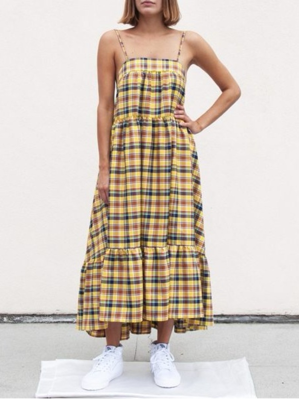 Simon Miller PumPa Yellow Plaid Tiered Maxi Dress Size M Made USA
